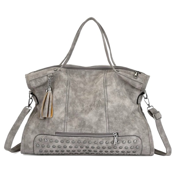 Grey Soft Vegan Leather Shoulder Computer Work Everyday Studd Fringe HandBag - Picture 7 of 9